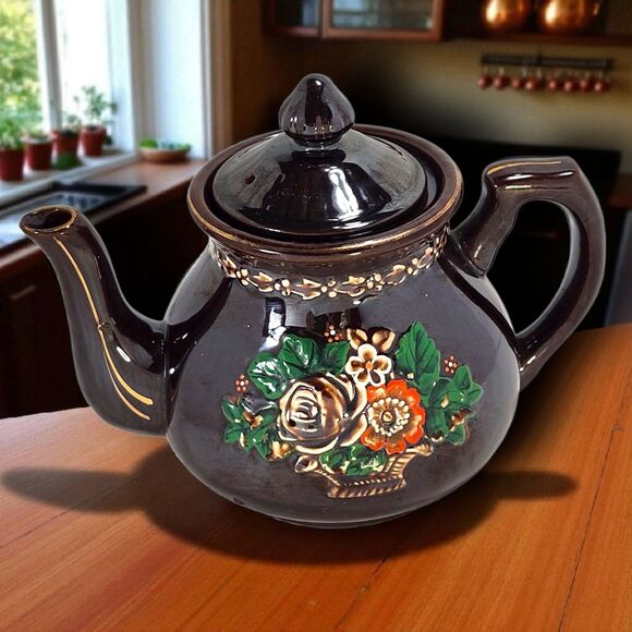 Vintage Japanese Moriage Redware Teapot Brown Clay Floral Enamel Cozy Fall Decor - Picture 1 of 13